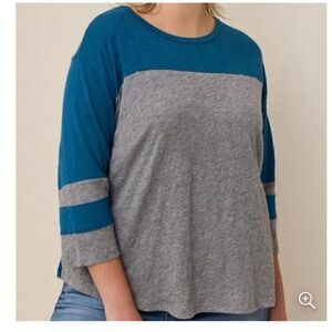 Torrid Blue & Grey Cotton Jersey Lace Back Colorblock Varsity Stripe Tee